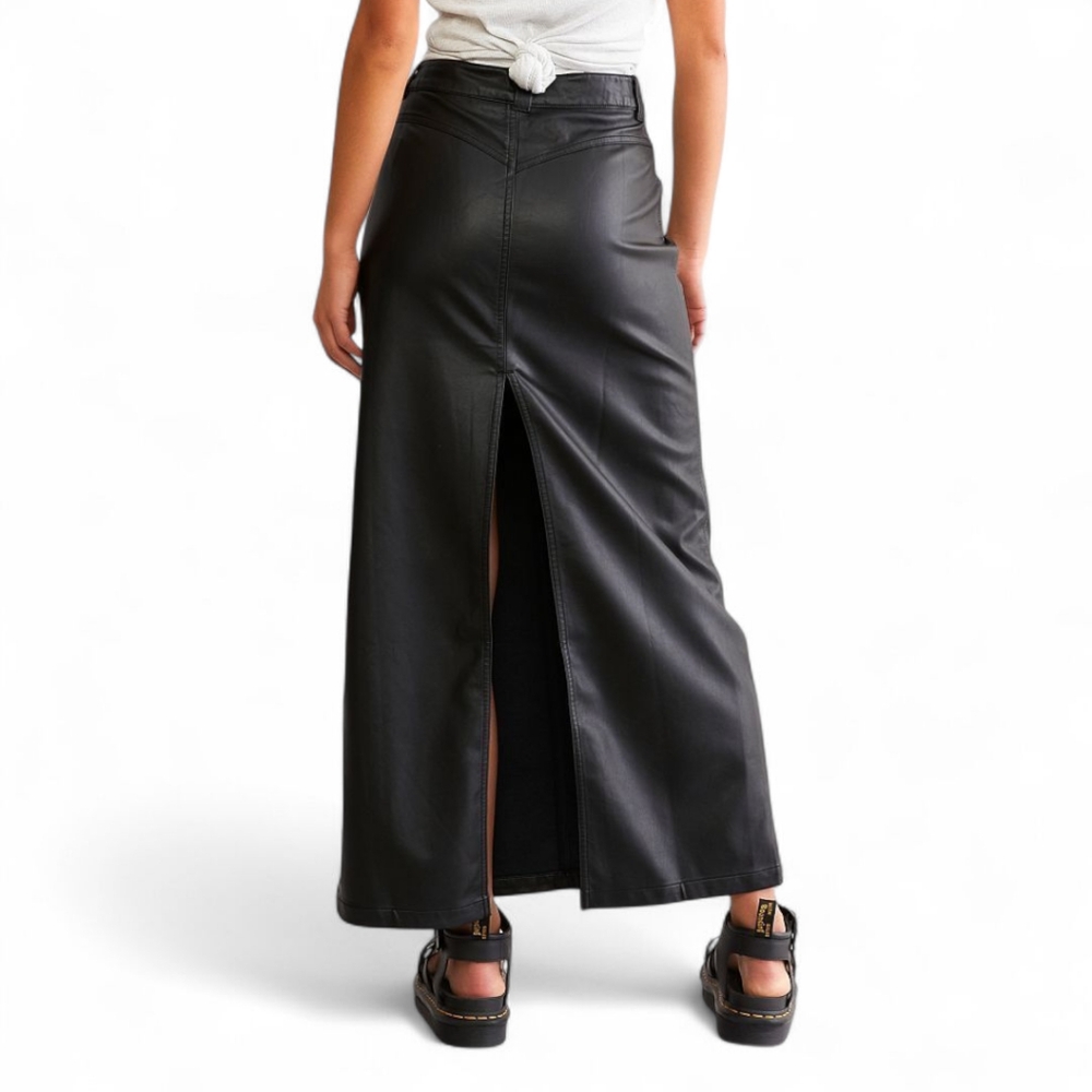 Free People Faux Leather City Slicker Maxi Skirt High Slit‎ Black Sz 8